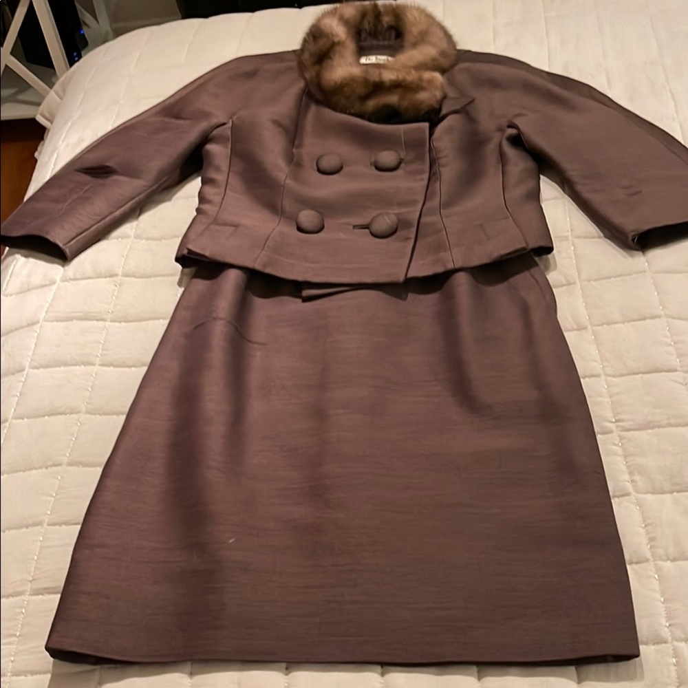 Vintage Fur Collar Sable Brown Suit Set